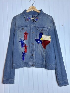 Faded Glory medium wash custom-embellished denim trucker jacket Texas Design 2XL